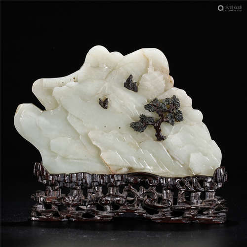 White jade carving inlaid Zi Tan wood relief landscape and temple decoration