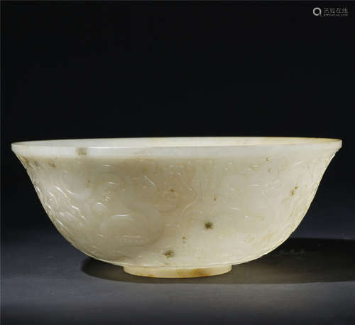 White jade carved dragon and flowers pattern bowl