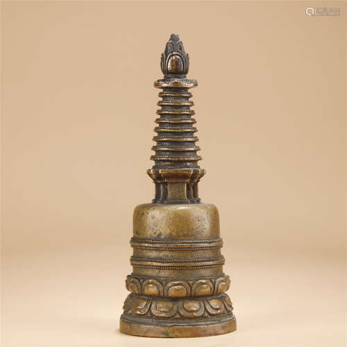 Copper pagoda with lotus petal and eight treasure pattern