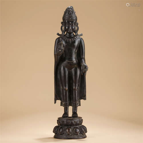 Bronze inlaid silver standing statue of Sakyamuni buddha