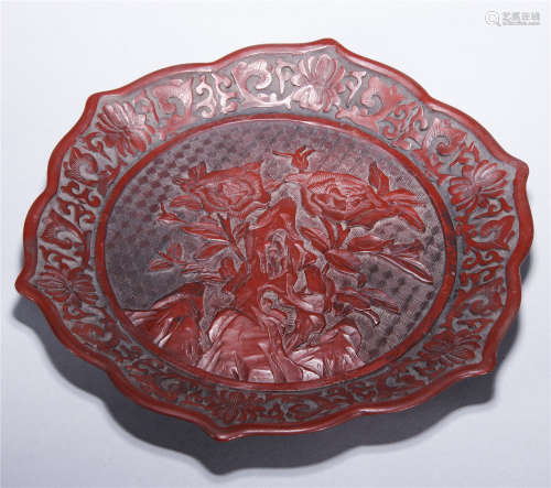 Lacquered carving stone and flower pattern hexagonal plate