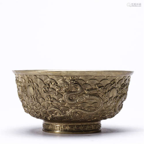 Five dragon and seawater pattern copper bowl