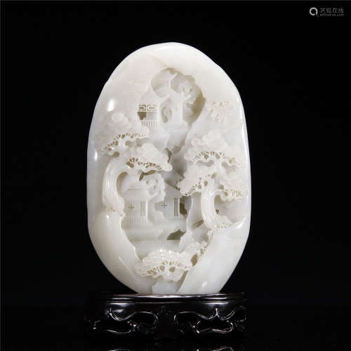White jade carving of landscape and pavilion