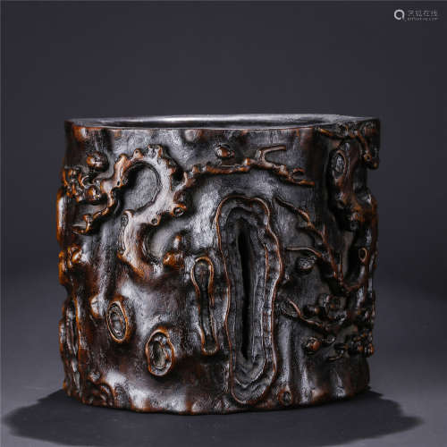 Chen Xiang carved relief flower and poems brush pot