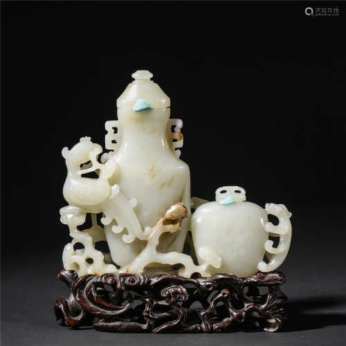 White jade hollow-out carved dragon and phoenix bo gu decorations