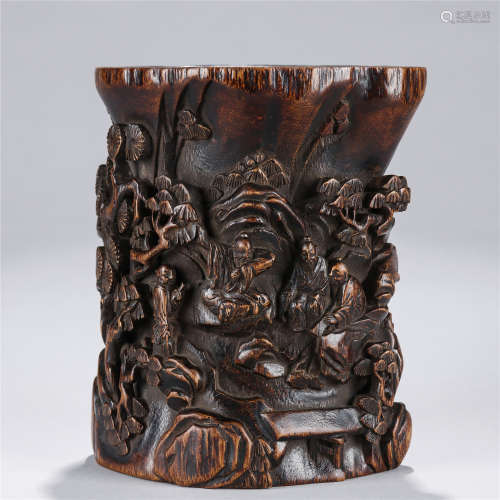 Chen Xiang wood relief carved pen holder