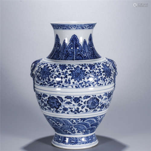 Blue and white flower drawing beasts ears vase, QIAN LONG mark