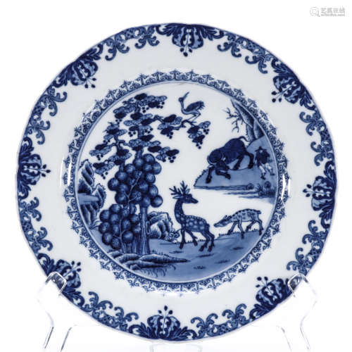 Blue and white cattle crane deer drawing porcelain plate
