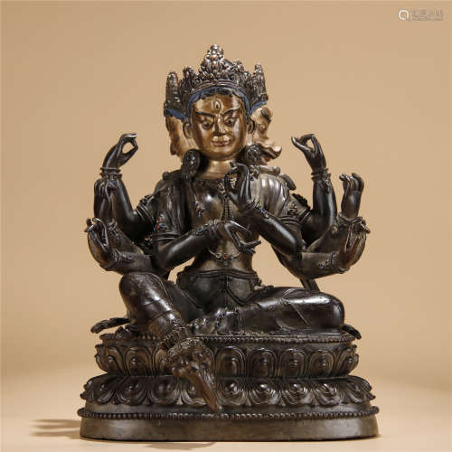 Bronze partly clay gold statue of eight-arm GUAN YIN buddha