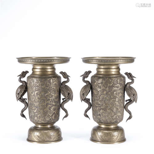 A pair of copper flower pattern double dragon ears vases