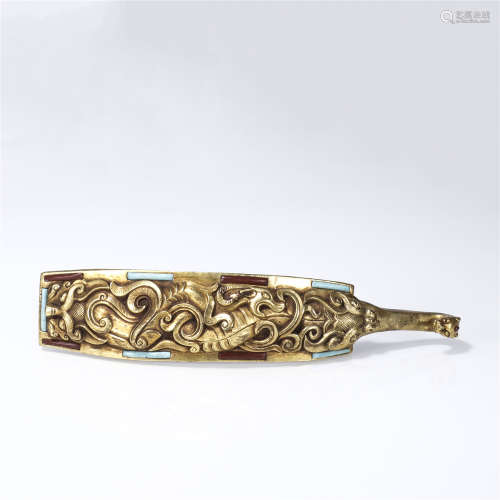 Bronze gilt inlaid gemstone drago heard belt hook