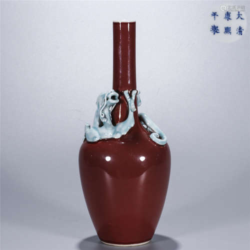 Red glaze dragon pattern long neck porcelain vase, KANG XI mark