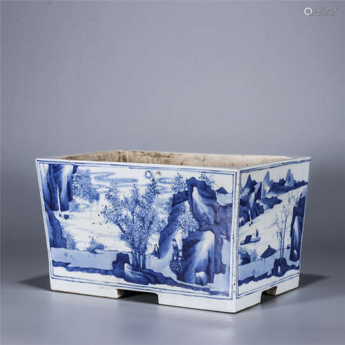 Blue and white landscape and figure drawing square porcelain vase