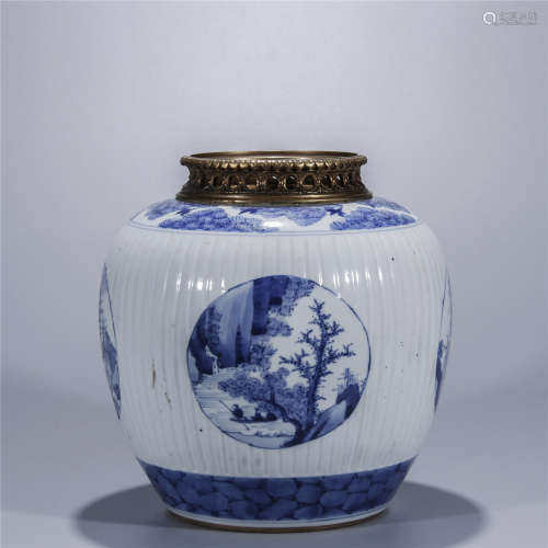 Blue and white landscape figure drawing porcelain jar