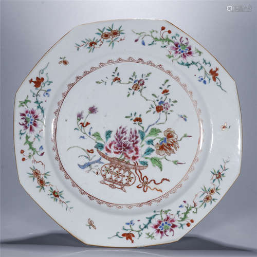 Famille rose flower drawing octolateral porcelain plate