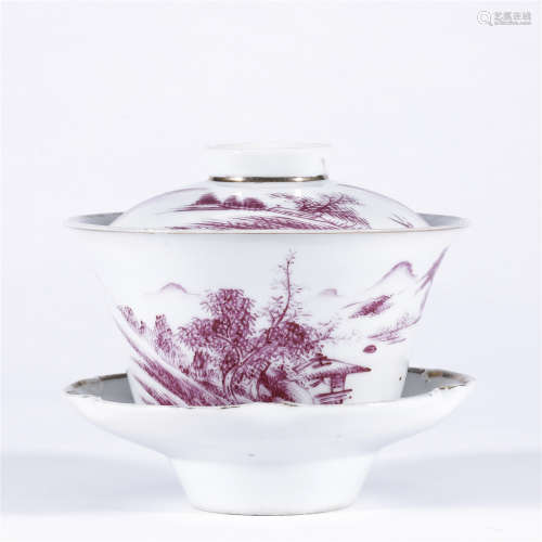 A set of carmine red glaze landscape and poem drawing porcelain cover bowls