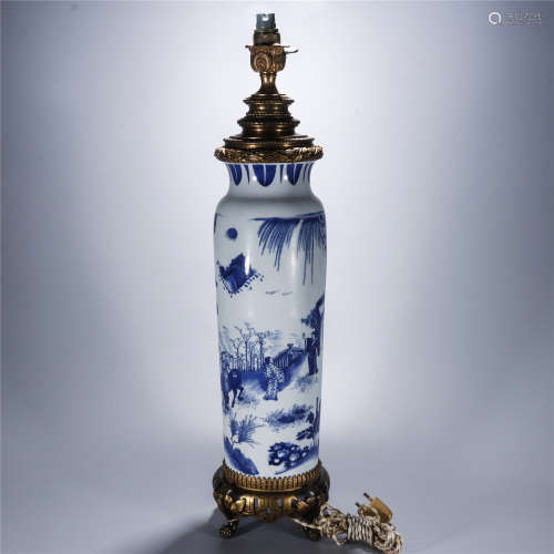 Blue and white character and story pattern porcelain lamp stand