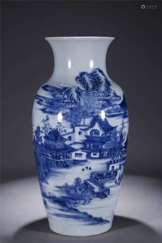 Blue and white landscape and pavilion drawing porcelain bottle