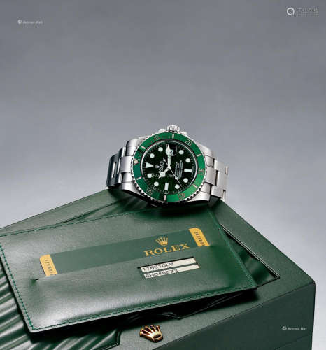 劳力士，精美，精钢链带机械腕表，配备绿色表盘及陶瓷单向旋转外圈，型号116610LV，约2012年