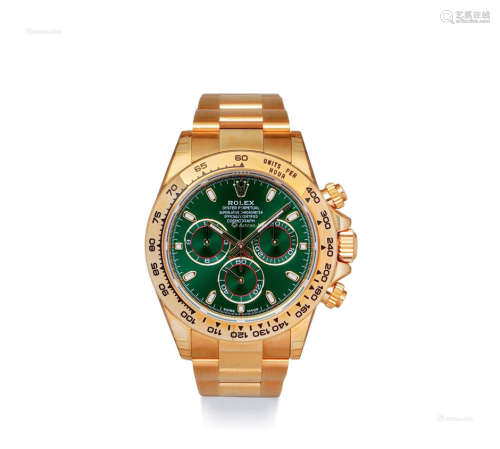 劳力士，精美，黄金链带机械腕表，配备绿色表盘，型号116508，未使用品，约2018年