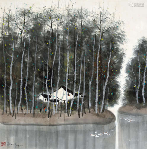 吴冠中 1988年作 池塘