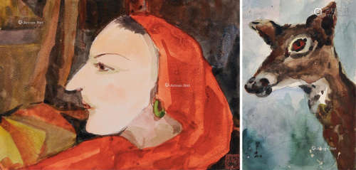 王济远 1940-1950年代作 水彩二帧：女人像、小鹿