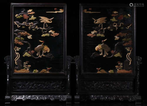 PAIR OF ZITAN WOOD SCREEN EMBEDDED WITH GEM
