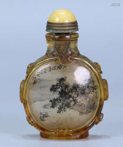 A GLASS SNUFF BOTTLE PAINTED WITH LANDSCAPE PATTERN