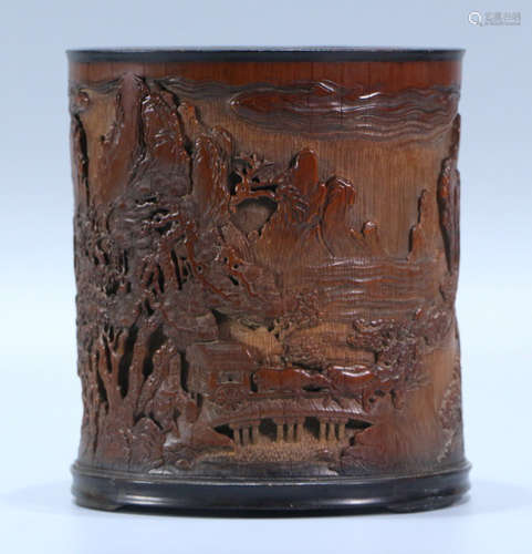 A BAMBOO BRUSH POT CARVED WITH STORY