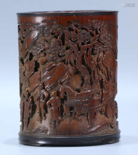 A BAMBOO BRUSH POT CARVED WITH STORY