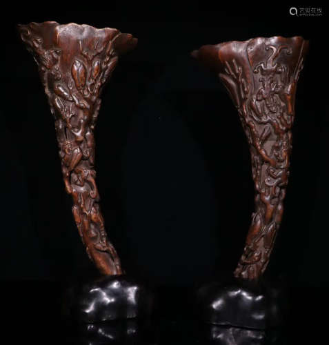 PAIR OF CHENXIANG WOOD ORNAMENT CARVED WITH BEAST PATTERN