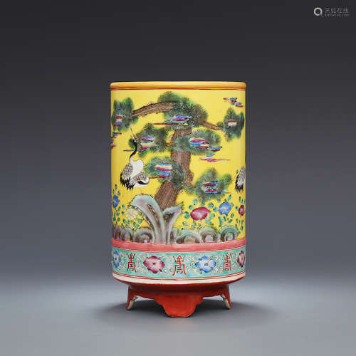A CHINESE FAMILLE ROSE PINE AND CRANE PAINTED PORCELAIN BRUSH POT