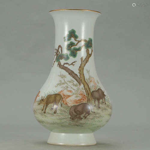 A CHINESE FAMILLE ROSE OX PAINTED PORCELAIN VASE