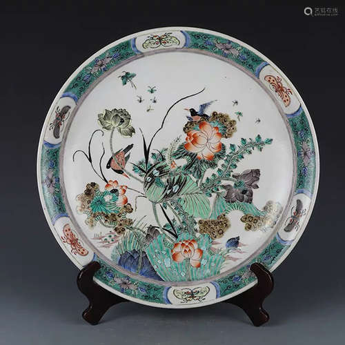 A CHINESE FAMILLE VERTE FLOWER&BIRD PATTERN PORCELAIN PLATE