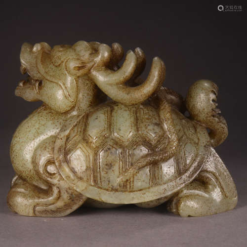 A CHINESE HETIAN JADE CARVED DRAGON TURTLE ORNAMENT