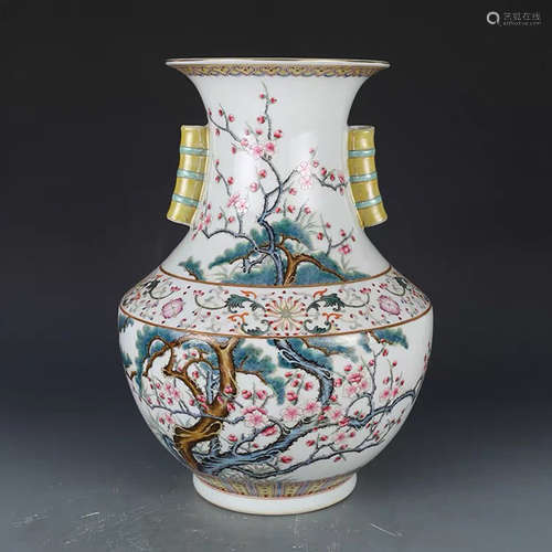 A CHINESE FAMILLE ROSE PLUM BLOSSOM PAINTED PORCELAIN VASE