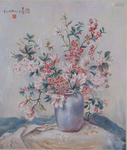 A CHINESE FLOWER VASE PAINTING, HUANG JUNBI MARK