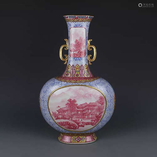 A CHINESE FAMILLE ROSE CARMINE LANDSCAPE PORCELAIN DOUBLE EARS VASE