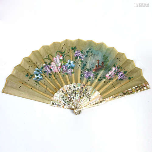 A CHINESE COLOURED PAINTED FOLDING FAN