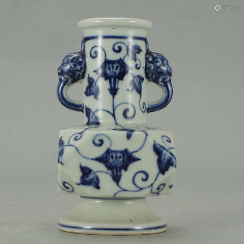 A CHINESE BLUE AND WHITE FLORAL BEAST PATTERN PORCELAIN SQUARE ZUN