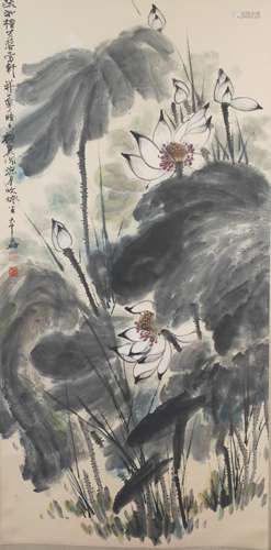 A CHINESE LOTUS PAINTING SCROLL, ZHANG DAQIAN MARK