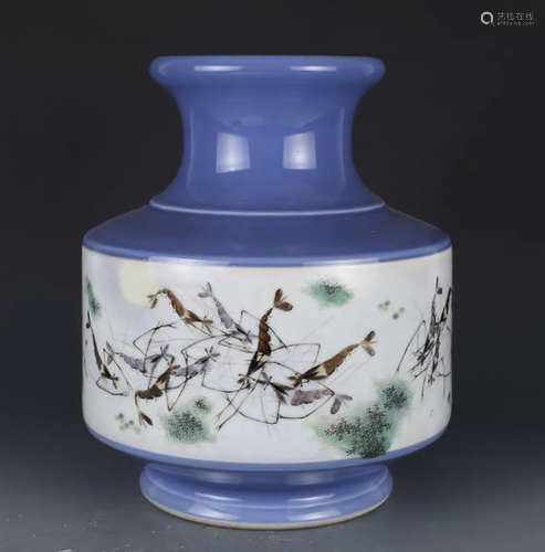 A CHINESE SKYBLUE GLAZED FAMILLE ROSE PAINTED PORCELAIN LANTERN-SHAPED VASE