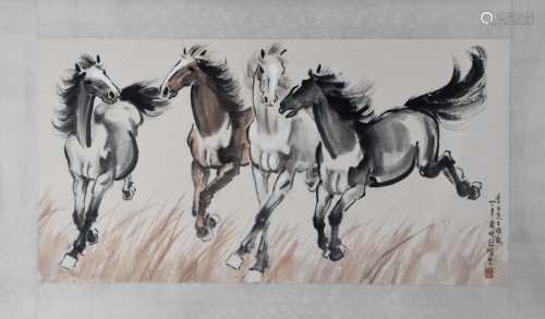 A CHINESE 4 HORSES PAINTING, XU BEIHONG MARK