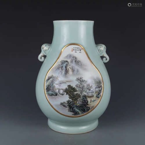 A CHINESE PEA GREEN GLAZED FAMILLE ROSE LANDSCAPE PORCELAIN ZUN