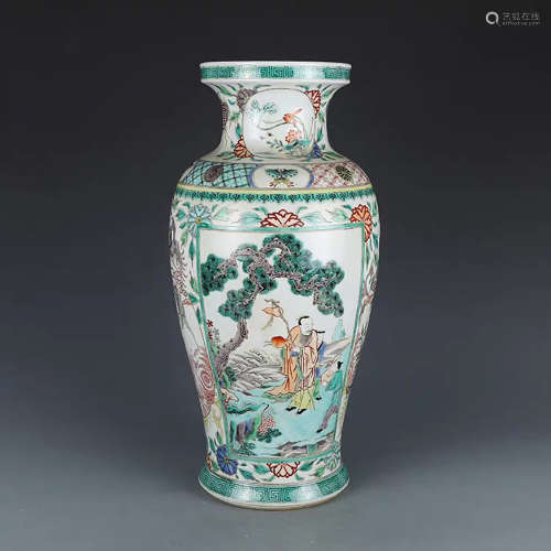A CHINESE FAMILLE VERTE FIGURE PAINTED PORCELAIN ZUN