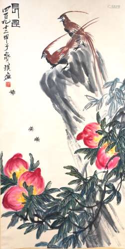 A CHINESE FLOWER AND BIRD PAINTING, QI BAISHI MARK