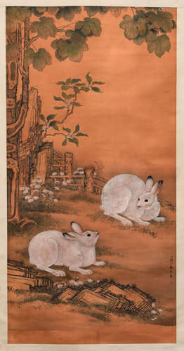 A CHINESE 2 RABBITS PAINTING, ZOU YIGUI MARK