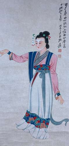 A CHINESE FIGURE PAINTING SCROLL, ZHANG DAQIAN MARK