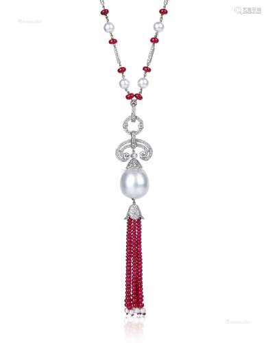 白珍珠配钻石、红宝石流苏项链及手链