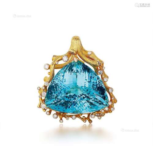 王焜设计 80.16克拉 天然海蓝宝石 配钻石吊坠，未经加热